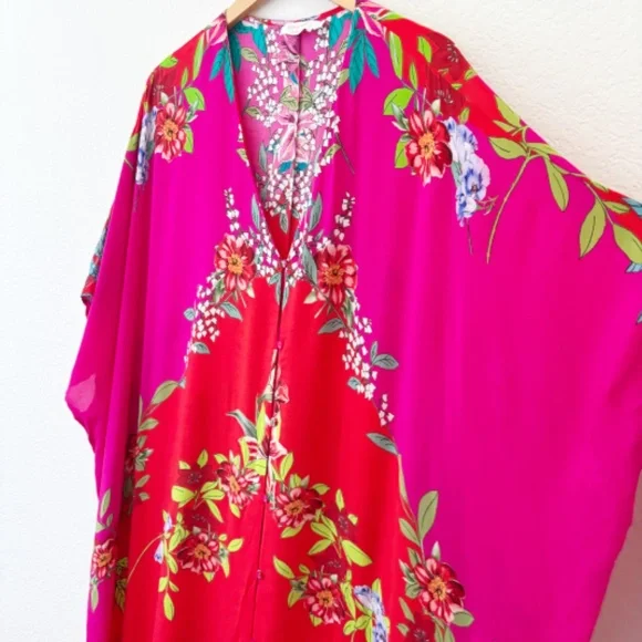 Johnny Was Nanya V-Neck Oversized Floral Print Maxi‎ Kaftan in Red Blush Sz L/XL - Picture 5 of 12